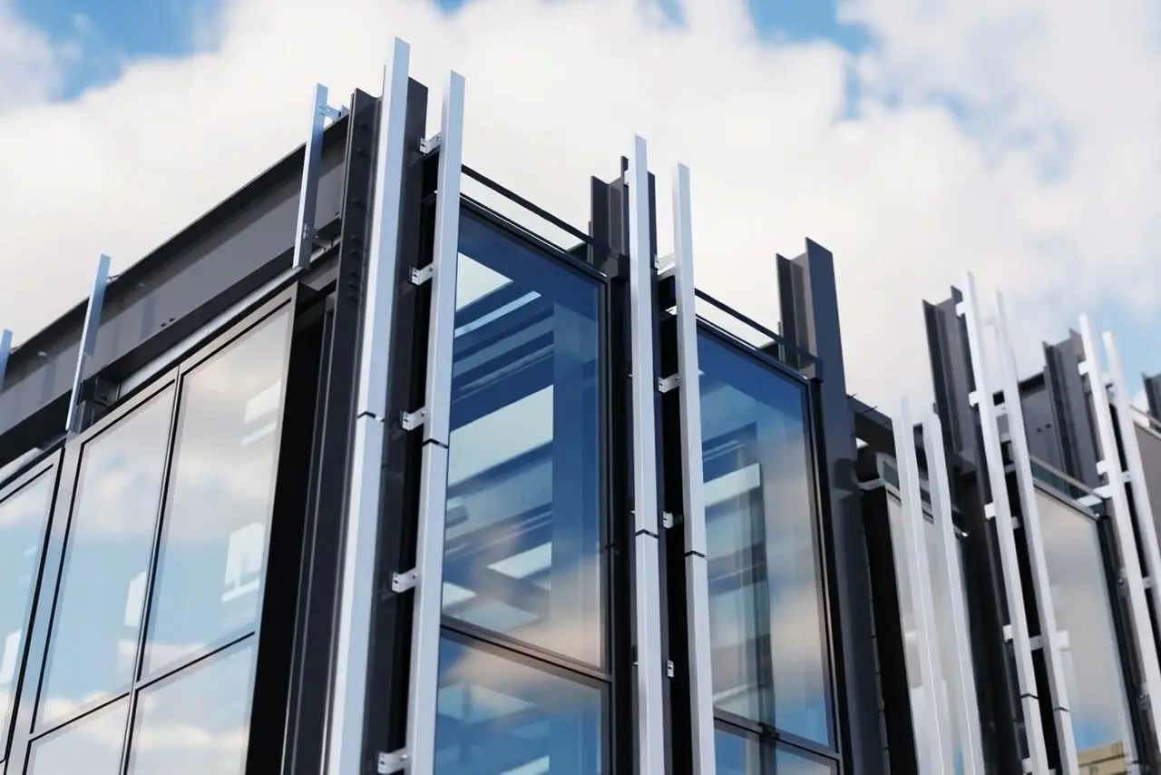 A photorealistic CGI of a curtain-wall façade, produced from Roytec's BIM model