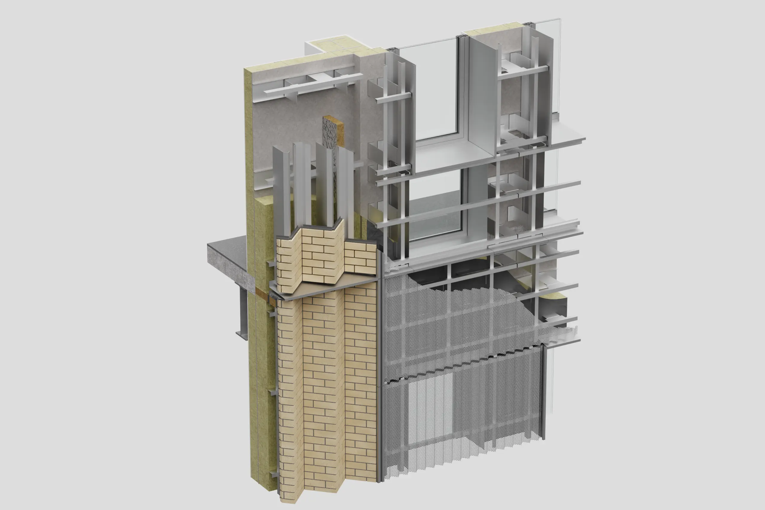 Roytec cladding-design BIM model — a corner build-up coordinated to fabrication level: brick, SFS framing, insulation, support rails and windows